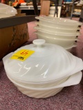 9 white Fire King milk glass casserole dishes, 2 are swirled, 1 with lid