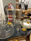 glassware, cake plate, shelf, vase