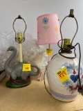 dinosaur lamp, flower lamp, ceramic lamp and 2 flower glass bowls