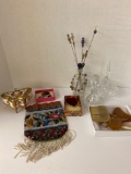 perfume crystal bottles, hair items, music box, jewelry