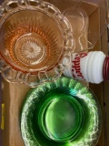 Heisey green plates, pink depression, large glass shaker