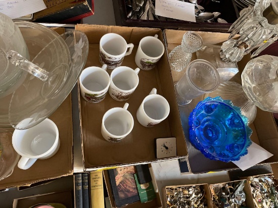 Oil lamp, blue Fenton bowl, electric hurricane lamp, six hazel atlas Currier and Ives mugs