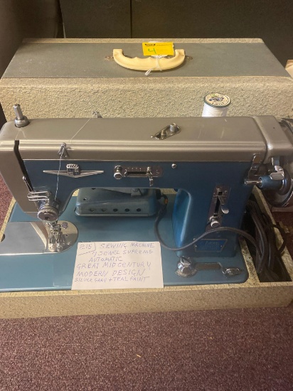 sewing machine 7 jewel supreme automatic great mid century modern design silver grey and teal paint