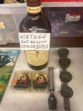 Vintage 1 gallon dealer bottle, eye doctor scope, 14 karat gold heart gift bears, antique goat cart