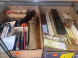 slide rules rulers, calculator, mechanical drawing items, small postal scale etc. three flats