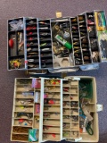 two tackle boxes with fishing tackle
