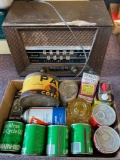 vintage radio and advertisement tins