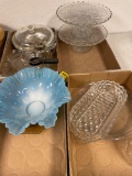 3 flats vintage glass, Fenton ruffled bowl, cake pedestals etc.