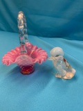 Fenton opalescent duck and cranberry opalescent hobnail basket