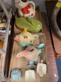 Shawnee corn casserole, Pig pitcher, Tom the Piper son teapot, seashell teapot, chintz creamer and