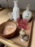 Collection of glass items including chocolate slag bowl, ruby shots, paneled grape , Waterford