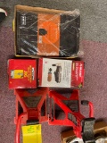 Jack stands, drill press jig, angle die grinder kit, work apron