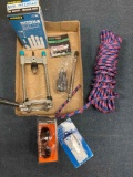 gloves, rope, portable drill press, tools