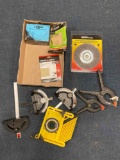 wire wheel brush, sanding drum and sleeve set, clamps, and miscellaneous tools