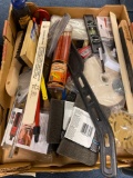 One flat of miscellaneous tools, brushes, levels, glue etc.