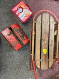 Fexible Flyer pushing sled and vintage lunchboxes