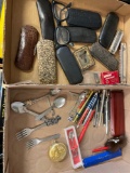 vintage glasses, harmonicas, tintype, spoons, ink pens