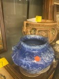 Roseville jardiniere with flakes in glaze and art pottery blue and white glaze with no flakes