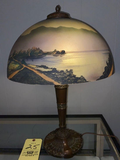 Signed #1743 Pittsburgh 23" tall lamp w/ 16" reverse painted shade.