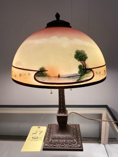 Double signed Pittsburgh 21" tall lamp w/ "Inviting Stream" 14" obverse painted shade.