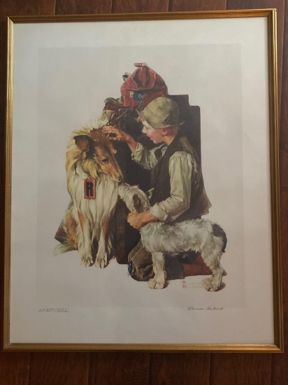 Norman Rockwell pencil signed collotype, "Raleigh Travels", 36 5/8" x 29 7/8" frame.