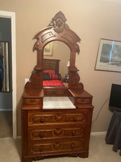 Mid Victorian Burled walnut dresser w/ mirror, 41" wide x 87" tall.