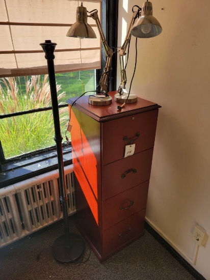 4 drawer file cabinet, floor lamp and 2 desk lamps