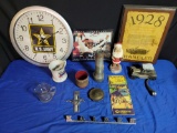 Greyhound pamphlet, brass radiator cap, emblems, army clock, shaving mug and bank