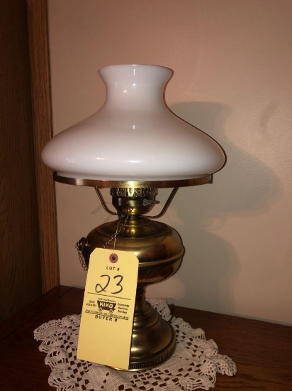 Electrified lamp with milk glass shade