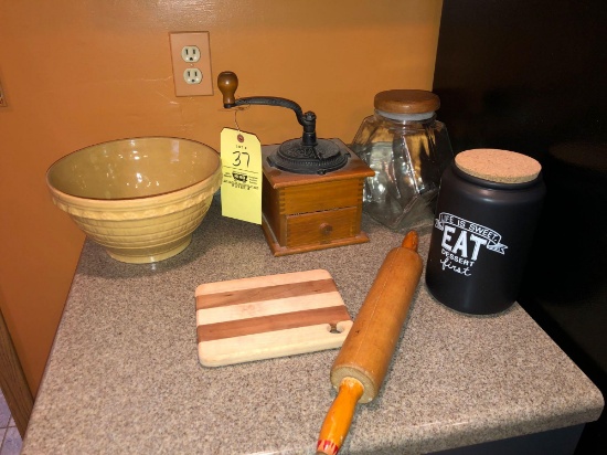 Coffee grinder, pudding balls, rolling pin, canisters
