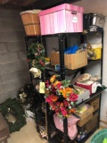 Two metal shelves and contents, artificial wreaths, decor