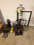 Metal lamps, miniature chairs, art glass hanging shades, frames