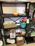 Metal Shelf, Crock, mugs, cat, wooden crate