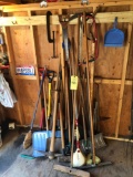 Lawn tools, saws, C clamp, sledge hammer, brooms