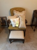 Upholstered chair, throw pillows and ottoman