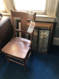 Oak chair, picture frames