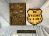 15 yr Goodyear plaque, Firestone plate, no parking sign