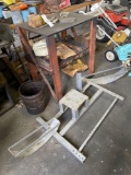 wood table, metal rack