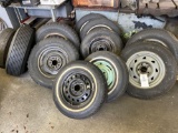 group of mounted tires, assorted sizes