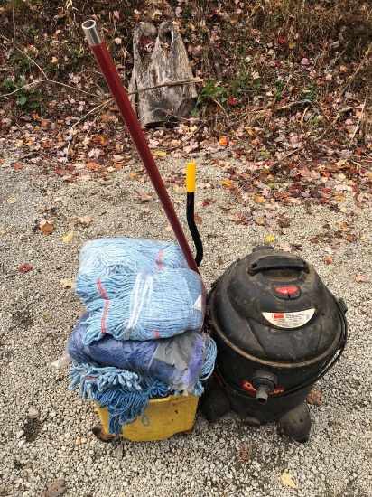 Dayton shop vac, mop bucket and mop heads