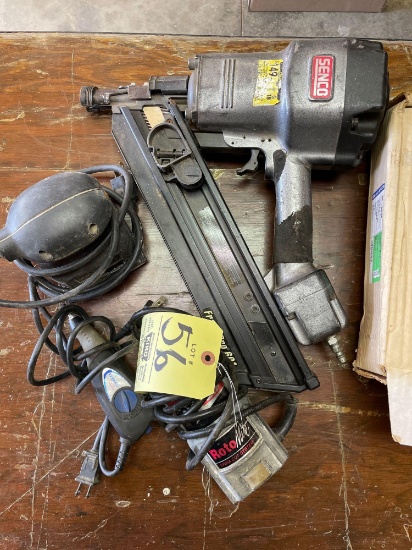 Senco Air Nailer with nails, Rotomite spira cut tool, Dremel engraver, pad sander