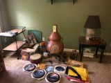 Indian decor, chimney, plates, wall hangings, pictures, cart, lamp, end table, misc.