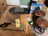 Storage canisters, wood pizza server, wire basket, crock warmer, skillet, hack saw