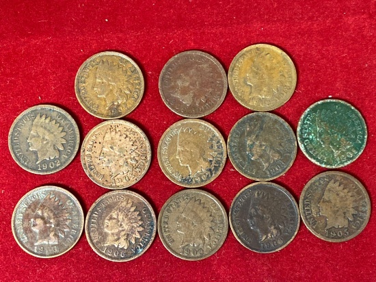 (13) Indian Head cents, (1900, 1901, 1902, 1903, 1905, 1906, 1907).