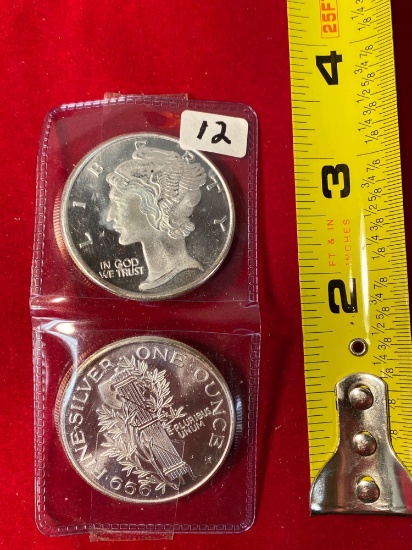 (2) Large Mercury Dime replicas, each one oz. .999 silver.