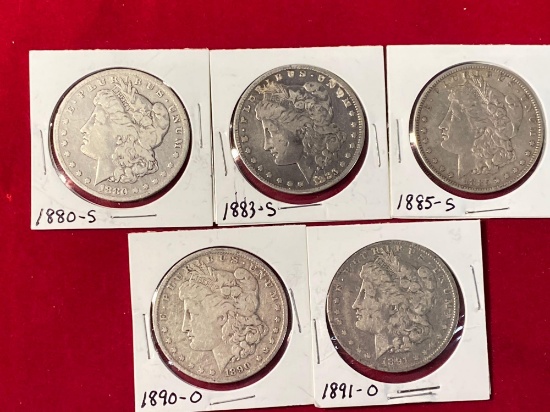 (5) Morgan silver dollars. Bid times five.