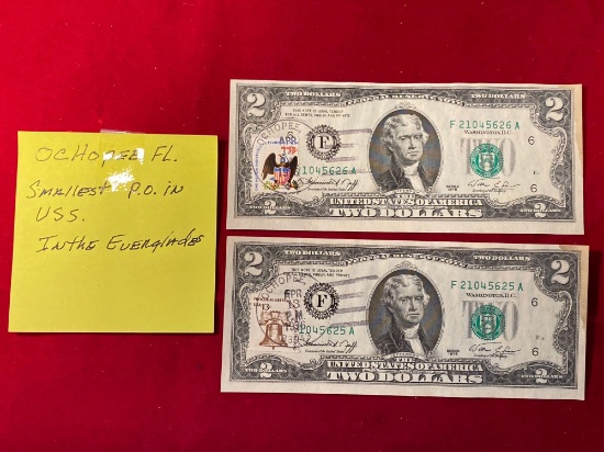 (2) 1976 Series $2 bills postmarked by smallest USA post office.