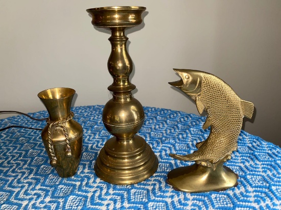9" Brass fish, vase, candle holder.