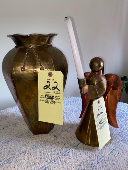 15" Brass vase, Angel figurine.