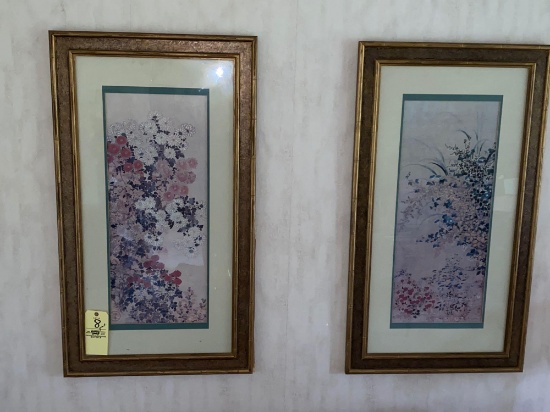Pair framed floral scene prints, 26 x 46 frame size.